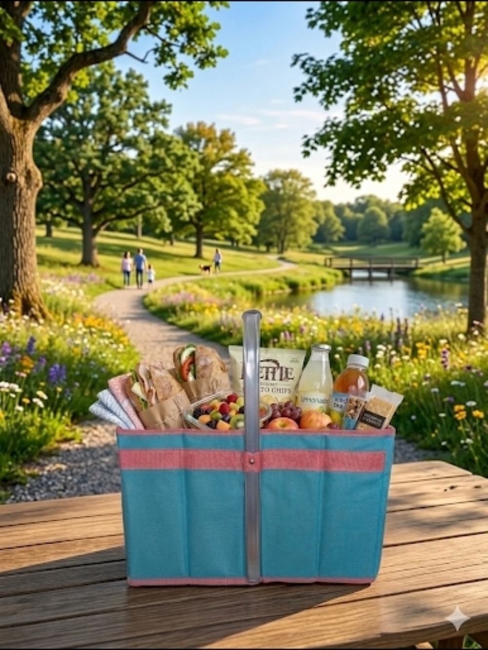 NEW Jeco Foldable Picnic Basket Teal Coral Trim Market Bag